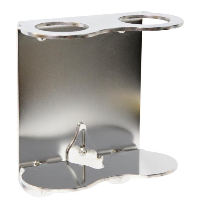 La staffa a muro LAPE di Diversey Deutschland GmbH & Co. OHG è una staffa a muro in acciaio inossidabile con due aperture superiori circolari e una superficie inferiore curva, ideale per il fissaggio sicuro di oggetti o contenitori cilindrici.