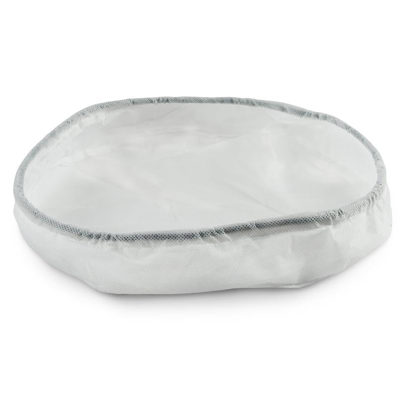 Un panno filtrante in tessuto non tessuto bianco e rotondo TASKI AERO 8/15 (protezione del motore) della Diversey Deutschland GmbH & Co. OHG con bordo grigio, utilizzato come accessorio per aspirapolvere, è posato piatto su una superficie bianca. Disponibile in confezione da 5.