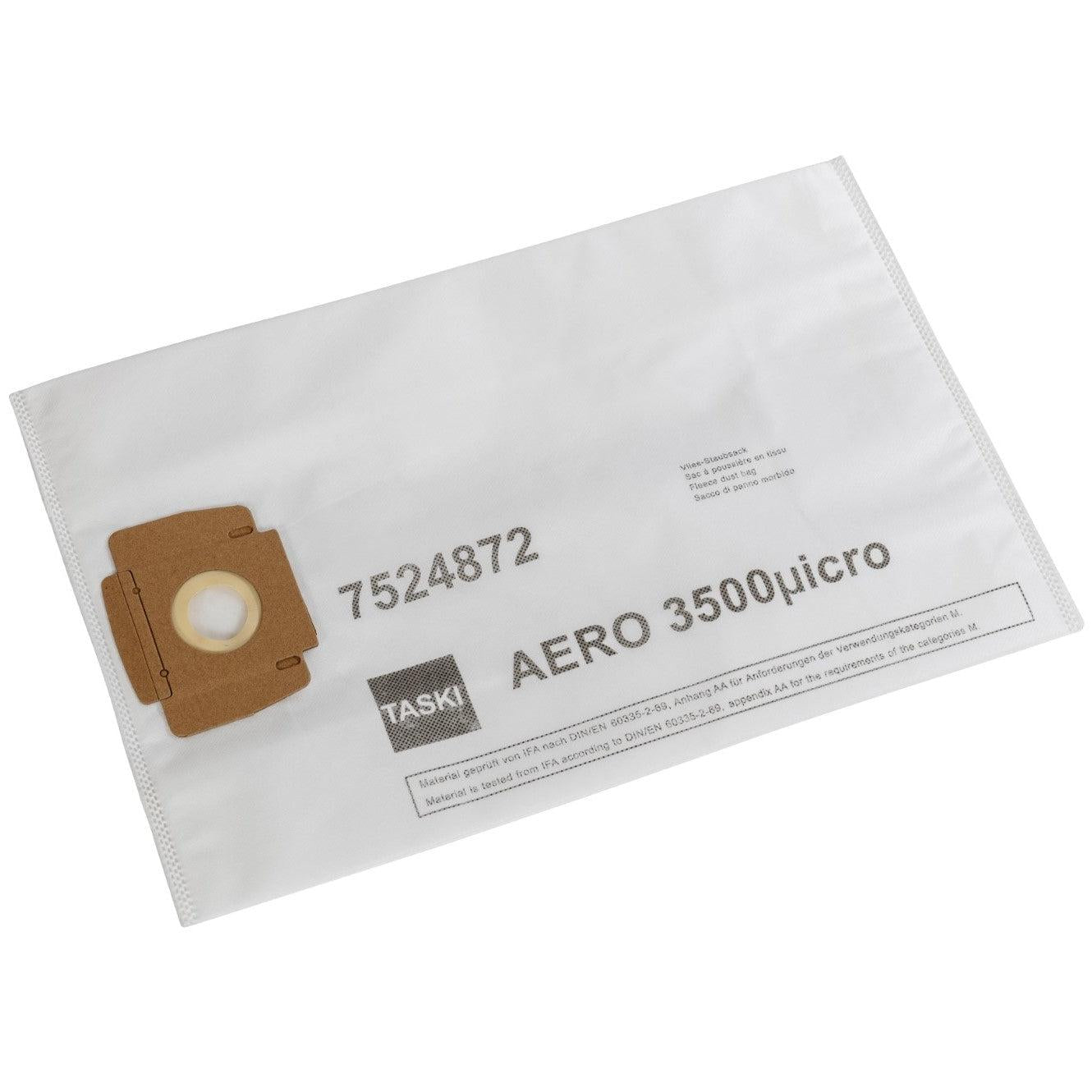 Un sacchetto per aspirapolvere in tessuto non tessuto bianco AERO 3500 della Diversey Deutschland GmbH & Co. OHG, con collare di cartone e apertura rotonda sul lato sinistro; etichettato con "AERO 3500" e "7524872". Informazioni sul prodotto sul lato destro. Venduto in scatole con 10 confezioni.
