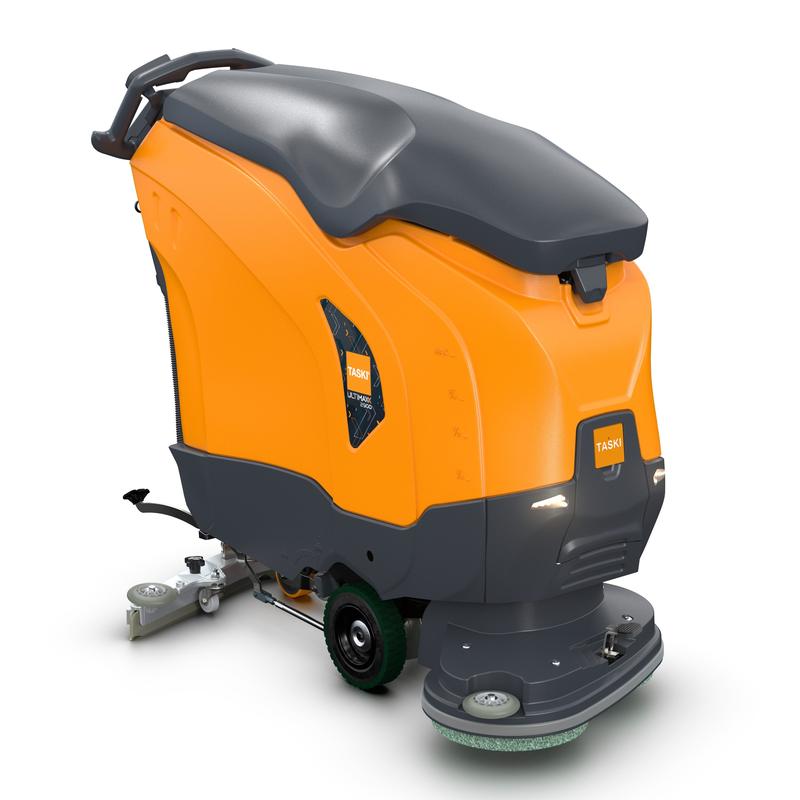 La TASKI ULTIMAXX 2900 DD55 Performance BMS 25A EBU arancione-grigia di Diversey Deutschland dispone di un manico, un pannello di controllo, una trazione a ruota, un serbatoio da 63 litri, un doppio disco da 55 cm e la scritta visibile "TASKI" sul davanti e sul lato.