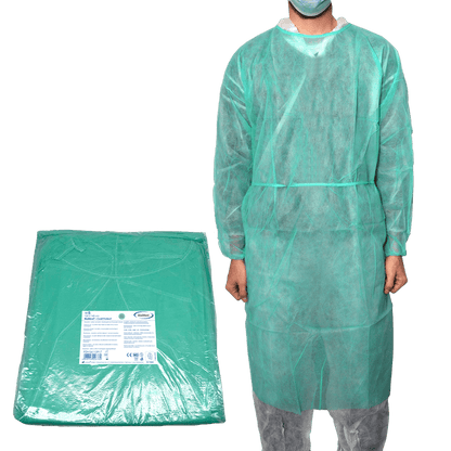 MaiMed-Coat Protect, camice protettivo in pile, verde non sterile, polsini elastici, lunghezza 120 cm, 10 pezzi | Confezione (10 pezzi)