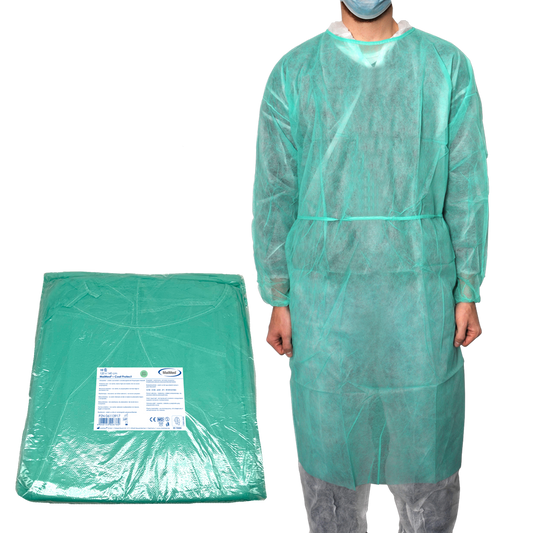 MaiMed-Coat Protect, camice protettivo in pile, verde non sterile, polsini elastici, lunghezza 120 cm, 10 pezzi | Confezione (10 pezzi)