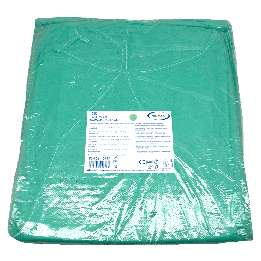 MaiMed-Coat Protect, camice protettivo in pile, verde non sterile, polsini elastici, lunghezza 120 cm, 10 pezzi | Confezione (10 pezzi)
