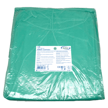 MaiMed-Coat Protect, camice protettivo in pile, verde non sterile, polsini elastici, lunghezza 120 cm, 10 pezzi | Confezione (10 pezzi)
