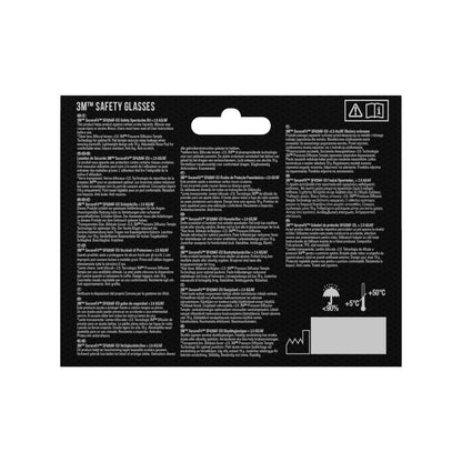 Retro della confezione degli occhiali protettivi da lettura 3M™ SecureFit™ di 3M Deutschland GmbH, con informazioni sulla sicurezza e sul prodotto in più lingue in bianco su nero, piccole grafiche simboliche in alto a destra e un diagramma delle temperature in basso a destra.