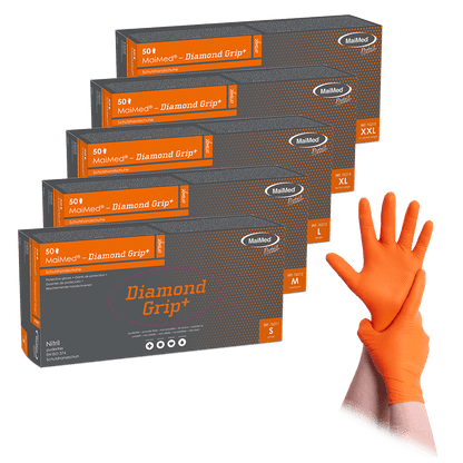 Guanto in nitrile MaiMed-Diamond Grip+ arancione, non sterile, privo di lattice