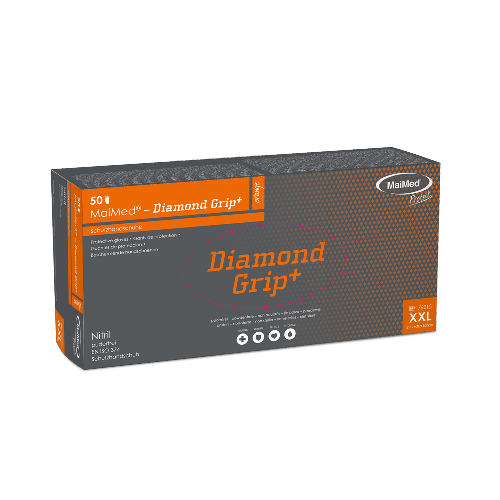 Guanto in nitrile MaiMed-Diamond Grip+ arancione, non sterile, privo di lattice