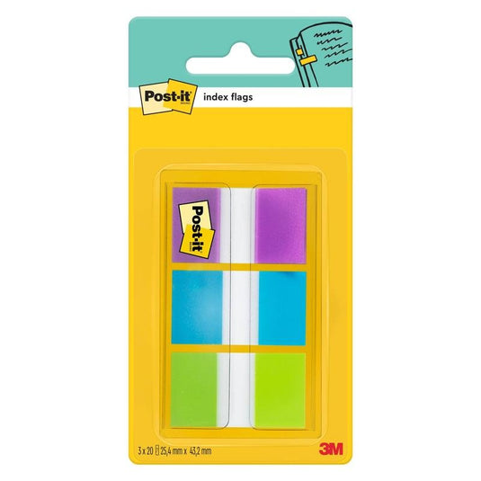 Una confezione di strisce adesive 3M Post-it® Index, formato standard (25,4 mm x 43,2 mm), contenente 60 strisce adesive in vari colori in un dispenser. Ideali per organizzare i documenti; con il marchio Post-it® e 3M Deutschland GmbH sulla confezione.