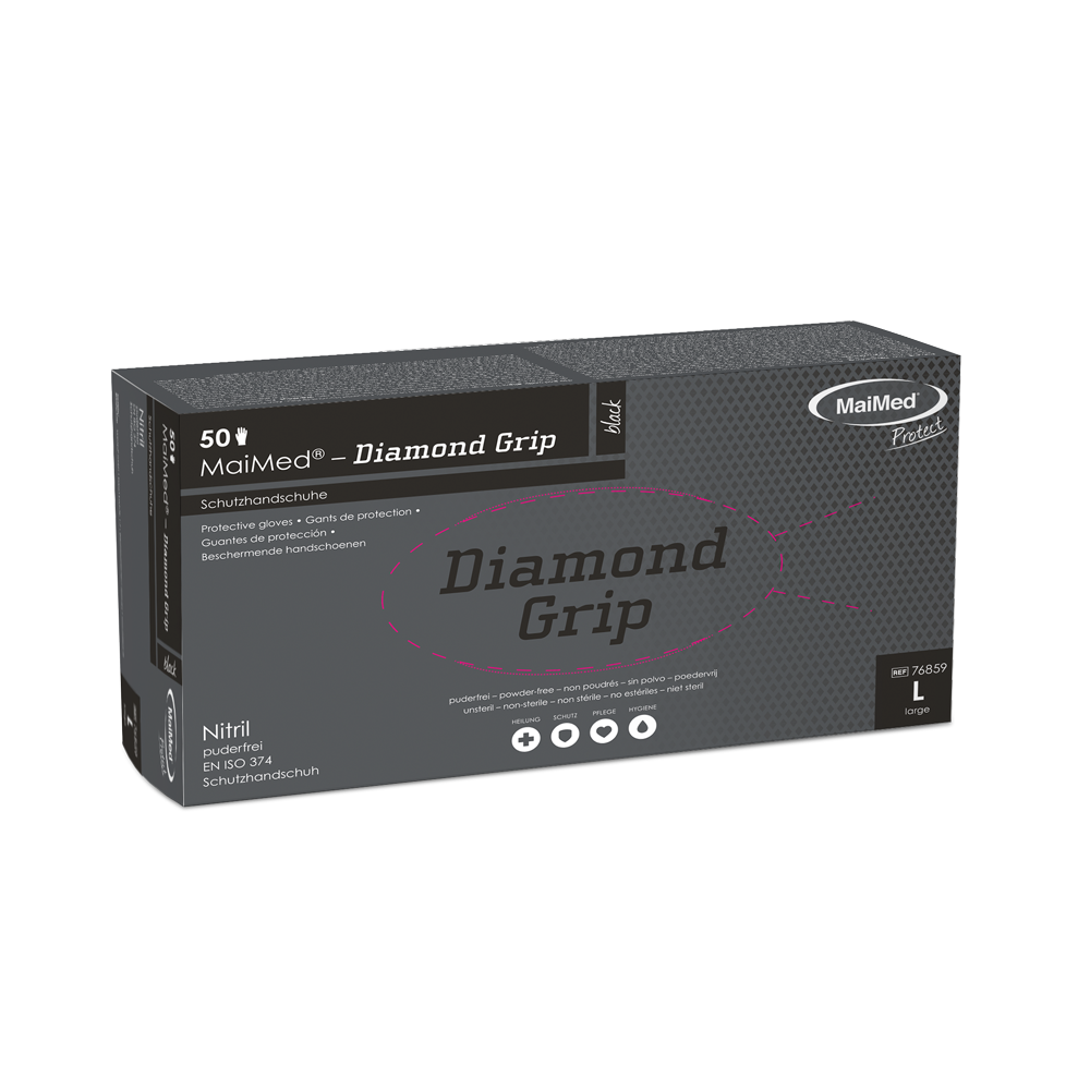 Guanto in nitrile MaiMed-Diamond Grip nero, non sterile, privo di lattice