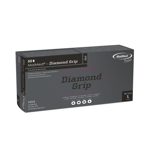 Guanto in nitrile MaiMed-Diamond Grip nero, non sterile, privo di lattice