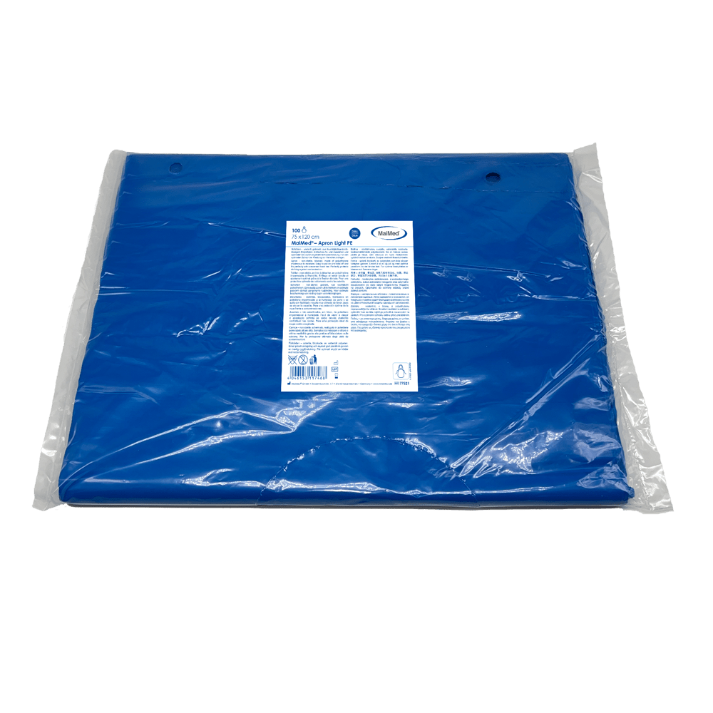 Grembiule MaiMed Light PE, grembiule in PE 75x120 cm blu, 100 pezzi/confezione, bloccato, superficie liscia | Confezione (100 pezzi)