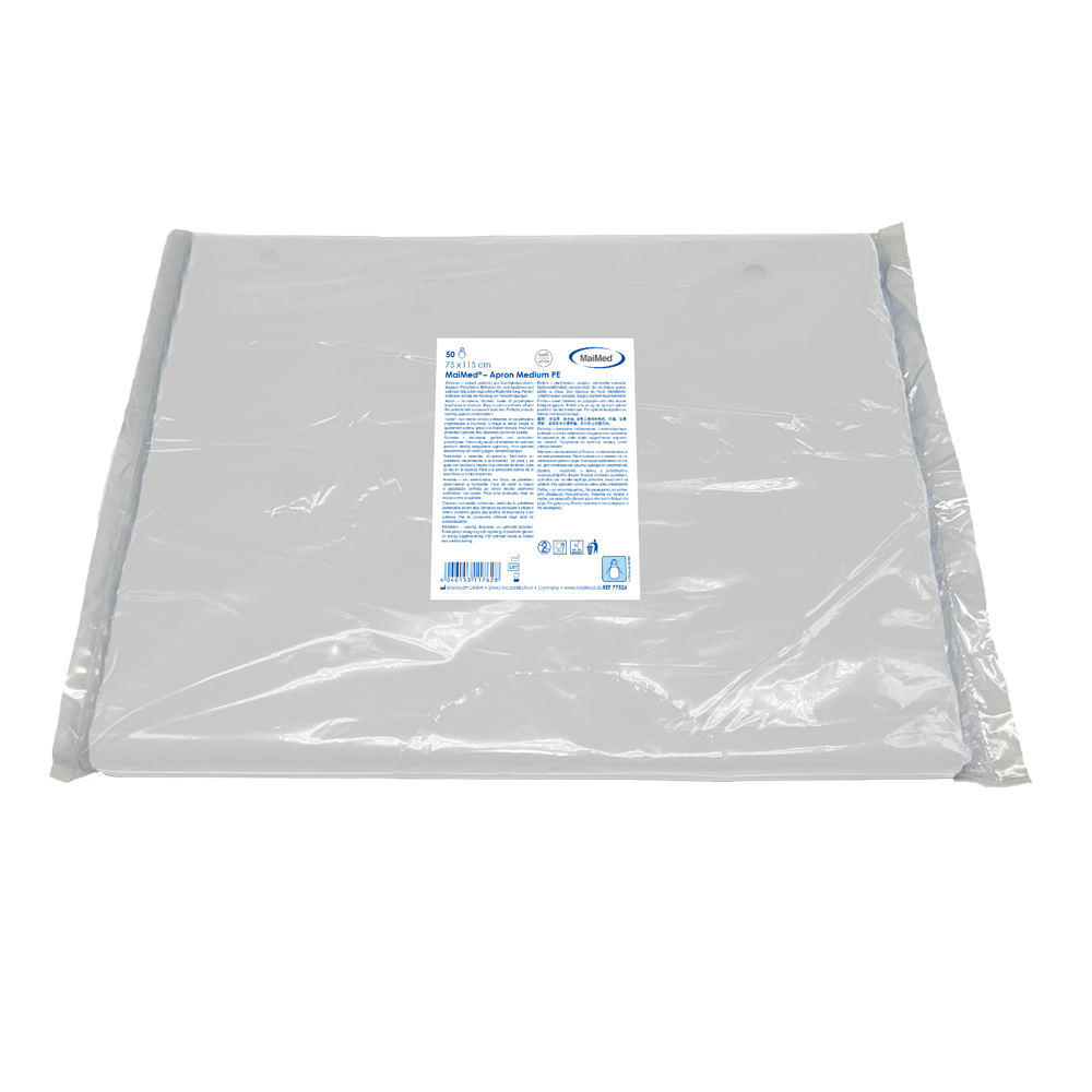 MaiMed-Apron Medium PE, grembiule in PE 75x115 cm bianco, 50 pezzi/confezione, bloccato, superficie liscia | Confezione (50 pezzi)
