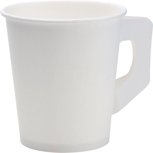 Una tazza bianca con manico in PAP/PE di Duni GmbH, confezione da 80 pezzi, su sfondo bianco. Il bicchiere monouso appare vuoto.