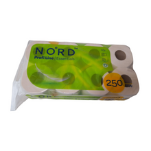 Eine in Kunststoff verpackte Packung CUP UP d.o.o. Toilettenpapier, 2-lagig, 250 Blatt, mit acht sichtbaren Rollen pro Packung und grüner Etikettierung. Der Text hebt die zweilagige Qualität hervor und weist darauf hin, dass es aus 100 % Zellulose besteht.