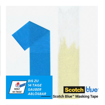 Una striscia di nastro adesivo blu forma un "1" accanto a una striscia di nastro adesivo di un solo colore. Testi e loghi in tedesco mostrano che si tratta del nastro adesivo per pittori ScotchBlue™ "Multi-Surface" di 3M Deutschland GmbH, rimovibile fino a 14 giorni.