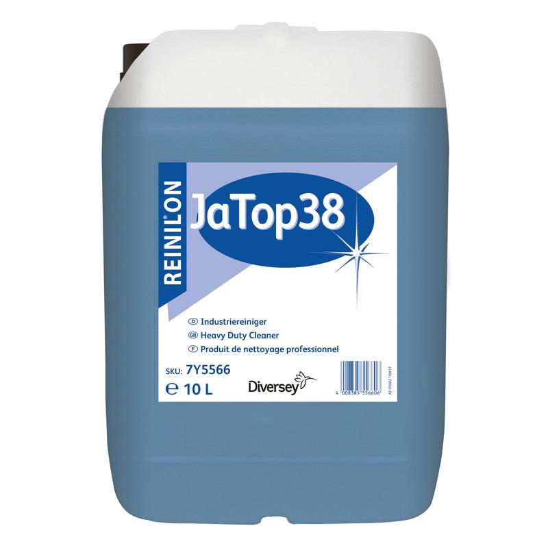 Un contenitore da 10 litri di Reinilon Ja-Top 38 Detergente Industriale di Diversey Deutschland GmbH & Co. OHG si distingue per un liquido blu, una formula ecologica e un'etichetta con dettagli del prodotto e un codice a barre sulla parte anteriore.