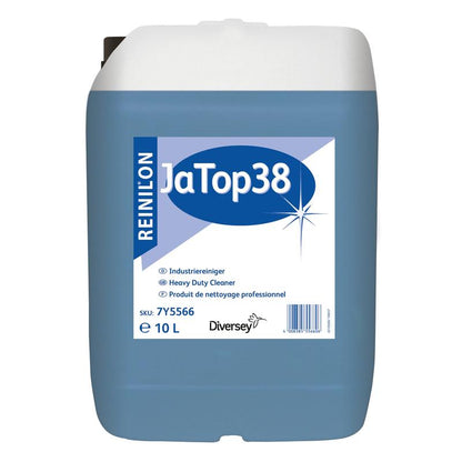 Un contenitore da 10 litri di Reinilon Ja-Top 38 Detergente Industriale di Diversey Deutschland GmbH & Co. OHG si distingue per un liquido blu, una formula ecologica e un'etichetta con dettagli del prodotto e un codice a barre sulla parte anteriore.