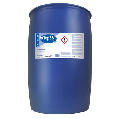 Un grande fusto di plastica blu con la scritta "Reinilon Ja-Top 38 Detergente Industriale" di Diversey Deutschland GmbH & Co. OHG mostra simboli di pericolo e avvertenze di sicurezza. È in posizione verticale e contiene detergente industriale con una formula ecologica per varie attività di pulizia.