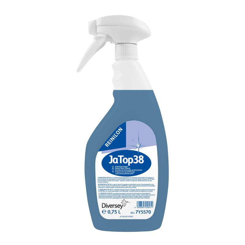 Una bottiglia spray in plastica con liquido blu, etichettata "Reinilon Ja-Top 38 Detergente Industriale", di Diversey Deutschland GmbH & Co. OHG, contiene 0,75 l e sull'etichetta indica una composizione ecologica.