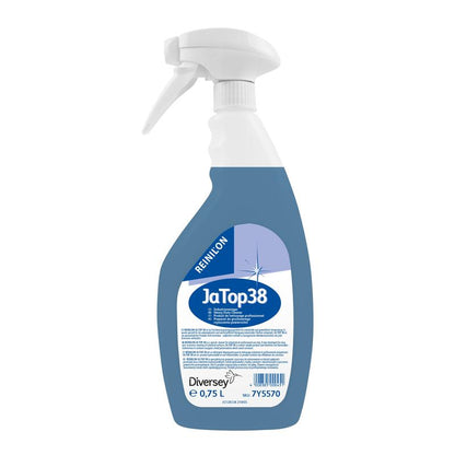 Una bottiglia spray in plastica con liquido blu, etichettata "Reinilon Ja-Top 38 Detergente Industriale", di Diversey Deutschland GmbH & Co. OHG, contiene 0,75 l e sull'etichetta indica una composizione ecologica.