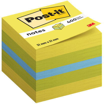 Der Post-it® Notes Mini Würfel von 3M Deutschland GmbH bietet 400 gelbe und blaue Blätter (51 x 51 mm, 100% PEFC) pro Block. Die Verpackung ist mit dem Post-it®- und dem 3M-Logo versehen.
