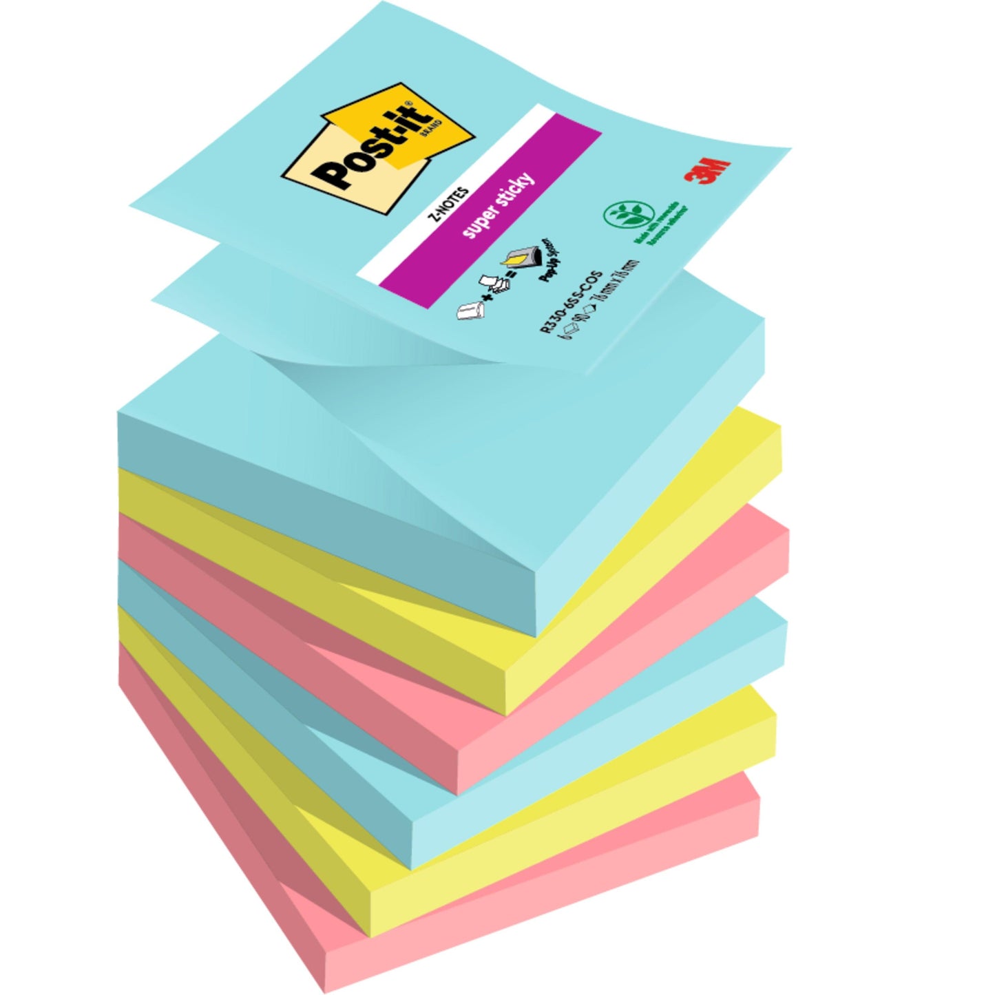 Ein Stapel 3M Post-it® Super Sticky Z-Notes aus der Boost Collection (76x76 mm, 90 Blatt/Block, 100 % PEFC) in den Farben Blau, Gelb und Pink zeigt das Logo und die Produktdetails auf der obersten blauen Notiz.