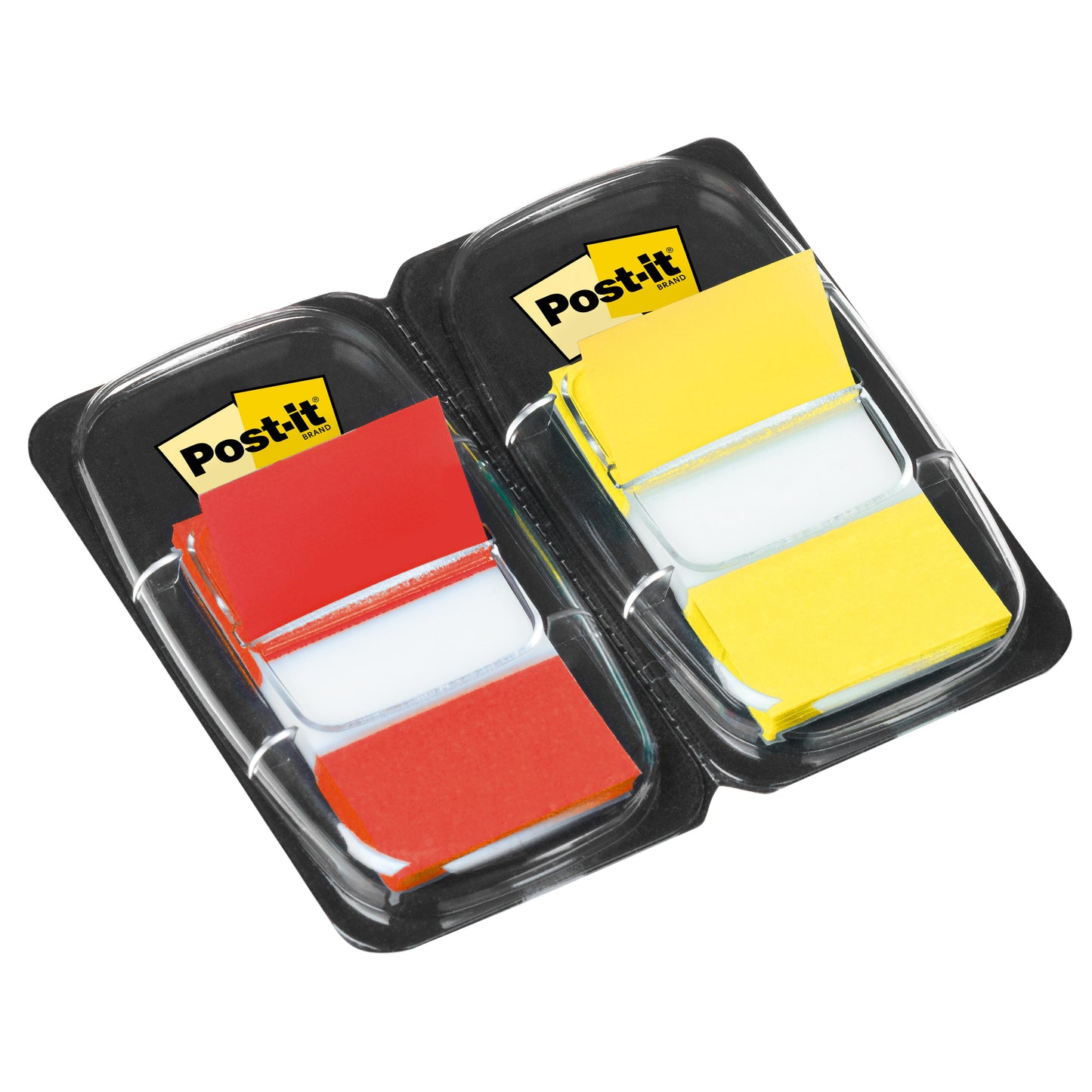 Abgebildet sind zwei Packungen 3M Post-it® Index Haftstreifen (25,4 mm x 43,2 mm, 50 pro Spender) - eine mit roten und eine mit gelben Fähnchen, jeweils in einem schwarzen Kunststoffspender mit transparentem Deckel und gelbem Post-it-Logo.