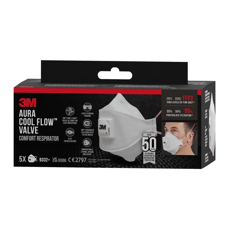 Una confezione di maschere antiparticolato 3M™ Aura™ Comfort Cool Flow™ 9332+, FFP3, con valvola di 3M Deutschland GmbH, con una maschera bianca con valvola. La confezione contiene 5 maschere, ciascuna offre protezione FFP3 e una filtrazione delle particelle superiore al 99%.