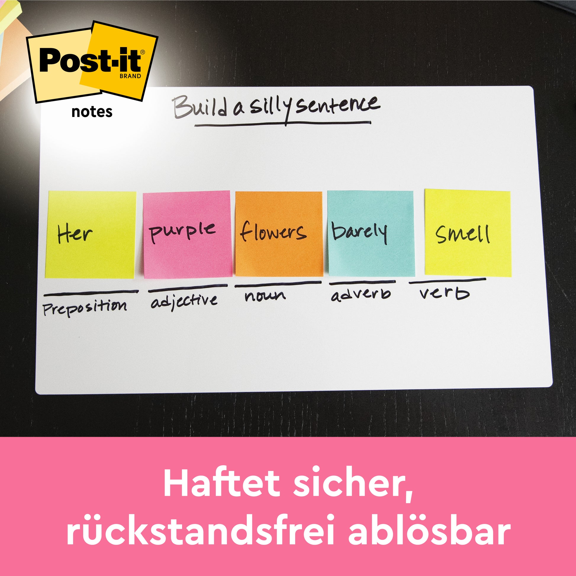 Auf einem Whiteboard befinden sich fünf bunte Post-it® Notes aus der Energetic Collection (76x127 mm, 100 Blatt/Block, 6 Blöcke/Packung, 3M Deutschland GmbH), die jeweils mit einem Wort und einer Wortart beschriftet sind. Der Text darunter lautet: "Haftet sicher, rückstandsfrei ablösbar.