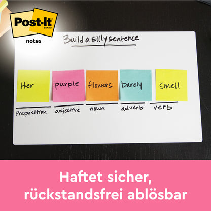Una lavagna mostra cinque cubi colorati di Post-it® Notes della 3M Deutschland GmbH (76 x 76 mm, 450 fogli, 100% PEFC) con scritte sopra i fumetti; sotto c'è scritto: "Aderisce in modo sicuro, rimovibile senza lasciare residui.