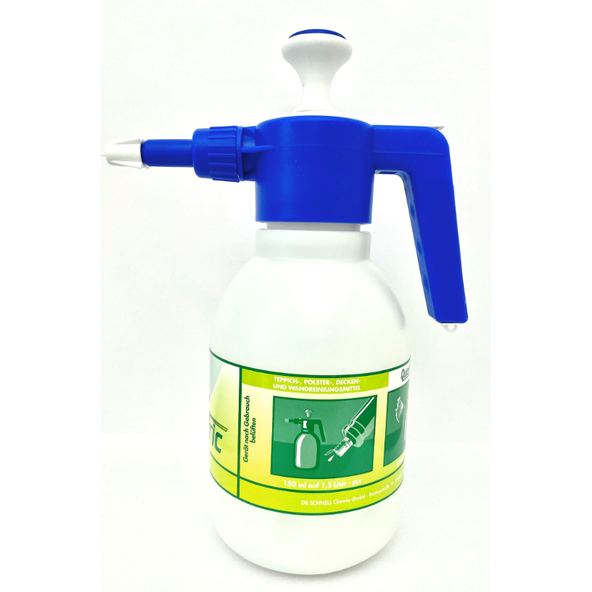 Der Dr. Schnell Drucksprüher 1,5 Liter von DR.SCHNELL GmbH & Co. KGaA ist eine weiße Kunststoffsprühflasche mit blauem Griff und Düse sowie einem grün-gelben Etikett. Ideal als Reinigungssprüher, abgebildet auf einem schlichten weißen Hintergrund.