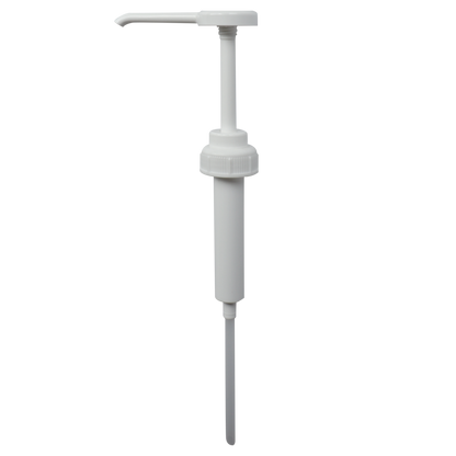 Der Dr. Schnell Dispenser, Dosierhilfen Dispenser von DR.SCHNELL GmbH & Co. KGaA ist eine weiße Kunststoffpumpe mit langer Tülle und Tauchrohr zur Dosierung von Flüssigkeiten wie Seife oder Sirup. Ideal zum Dosieren von Reinigungsmitteln. Schlichter, heller Hintergrund.