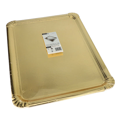 Le Starpak 5 piatti da portata (34 x 45,5 cm) in cartone color oro con rivestimento in PET hanno bordi rialzati e angoli arrotondati. Vassoi monouso con adesivo codice a barre ed etichetta del prodotto su sfondo bianco. Confezione da 5 pezzi.