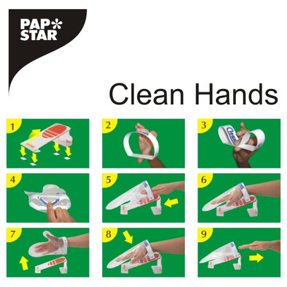 Una guida visiva con il PAPSTAR Clean Hands Base Kit, acciaio inossidabile (11,5x12,7x22 cm), della PAPSTAR GmbH mostra in nove pannelli numerati con passaggi di inserimento e fissaggio delle mani su sfondo verde come indossare un guanto di plastica per l'igiene.