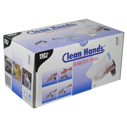 Il PAPSTAR Clean Hands Base Kit, acciaio inossidabile (11,5x12,7x22 cm, argento) della PAPSTAR GmbH viene in una scatola pieghevole bianca con accenti blu e viola e mostra illustrazioni di protezione delle mani per l'applicazione igienica.