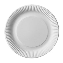 Ein 29 cm großer PAPSTAR GmbH "29 50 Teller, Pappe 'pure' rund - weiß" Pappteller mit geriffeltem Rand ist leer auf weißem Grund abgebildet, von oben gesehen.