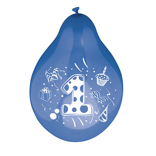 Un palloncino numerico (Ø 25 cm, assortito per colore) della PAPSTAR GmbH mostra al centro un grande numero bianco uno, accentuato da immagini colorate di un regalo, un cupcake, un cappello da festa, coriandoli e nastri.