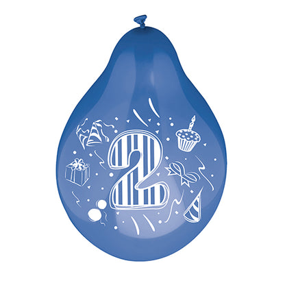 Un palloncino numerico della PAPSTAR GmbH (Ø 25 cm, assortito per colore) con un grande numero bianco '2' e illustrazioni colorate di cupcake, cappello da festa, scatola regalo e coriandoli.