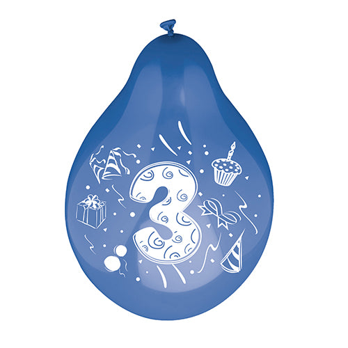 Un PAPSTAR set di 6 palloncini numerici Ø 25 cm della PAPSTAR GmbH, composto da un palloncino blu con un grande numero bianco 3 e illustrazioni colorate di un regalo, un cappello da festa, un cupcake e coriandoli.