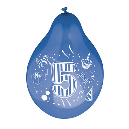 Un palloncino numerico PAPSTAR 6 Ø 25 cm assortiti a colori della PAPSTAR GmbH mostra un grande numero 5 a strisce, circondato da disegni di una scatola regalo, un cappello da festa, un cupcake con candela, coriandoli e piccole forme.