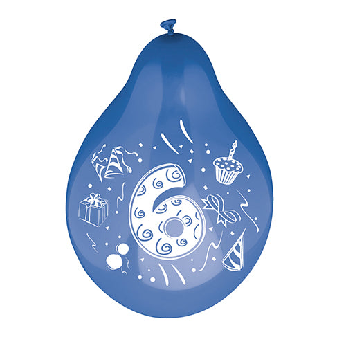 Il palloncino numerico (Ø 25 cm, assortiti a colori) della PAPSTAR GmbH consiste in un grande numero bianco Sei con motivi festivi come una scatola regalo, un cappello da festa, un cupcake con candela e serpentini.