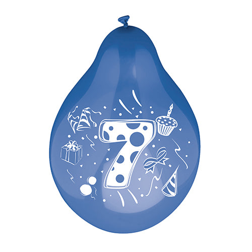 I 6 palloncini numerici PAPSTAR Ø 25 cm assortiti a colori della PAPSTAR GmbH comprendono palloncini numerici colorati con motivi di cupcake, scatole regalo, coriandoli, fiocchi e cappelli da festa bianchi.