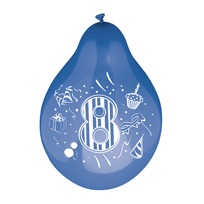 Un colorato palloncino numerico PAPSTAR con grande 8 (Ø 25 cm), assortiti a colori da PAPSTAR GmbH – ideale per l'8° festa di compleanno, completato da immagini di regali, cupcake, cappello da festa e coriandoli!.