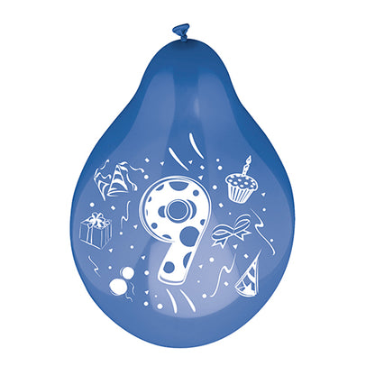 Un palloncino numerico (set da 6, Ø 25 cm, assortiti a colori) della PAPSTAR GmbH con il numero bianco 9, circondato da immagini di un regalo, un cappello da festa, una torta di compleanno, un cupcake con candela, un fiocco e coriandoli.