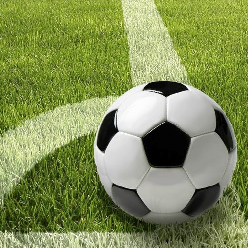 Un pallone da calcio bianco e nero si trova su un prato verde vicino a una linea bianca - ideale per una decorazione da tavola sportiva con PAPSTAR 20 tovaglioli, 33x33 cm, 3 veli, set da 4 di PAPSTAR GmbH per il tuo prossimo evento.