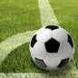 Un pallone da calcio bianco e nero si trova su un prato verde vicino a una linea bianca - ideale per una decorazione da tavola sportiva con PAPSTAR 20 tovaglioli, 33x33 cm, 3 veli, set da 4 di PAPSTAR GmbH per il tuo prossimo evento.