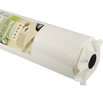 Un primo piano di un rotolo bianco strutturato PAPSTAR tovaglia, tessuto "ROYAL Collection" della PAPSTAR GmbH, con un'etichetta del prodotto parzialmente visibile avvolta attorno a un'estremità.