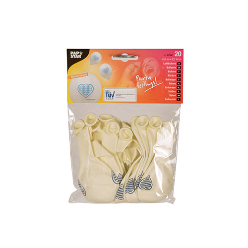 Confezione trasparente con 20 PAPSTAR palloncini "Bayrisch Blau" (25 cm, lattice bianco con motivo a cuore blu) di PAPSTAR GmbH; etichetta superiore rosso-bianca. Ideale per decorazioni dell'Oktoberfest e altre feste.