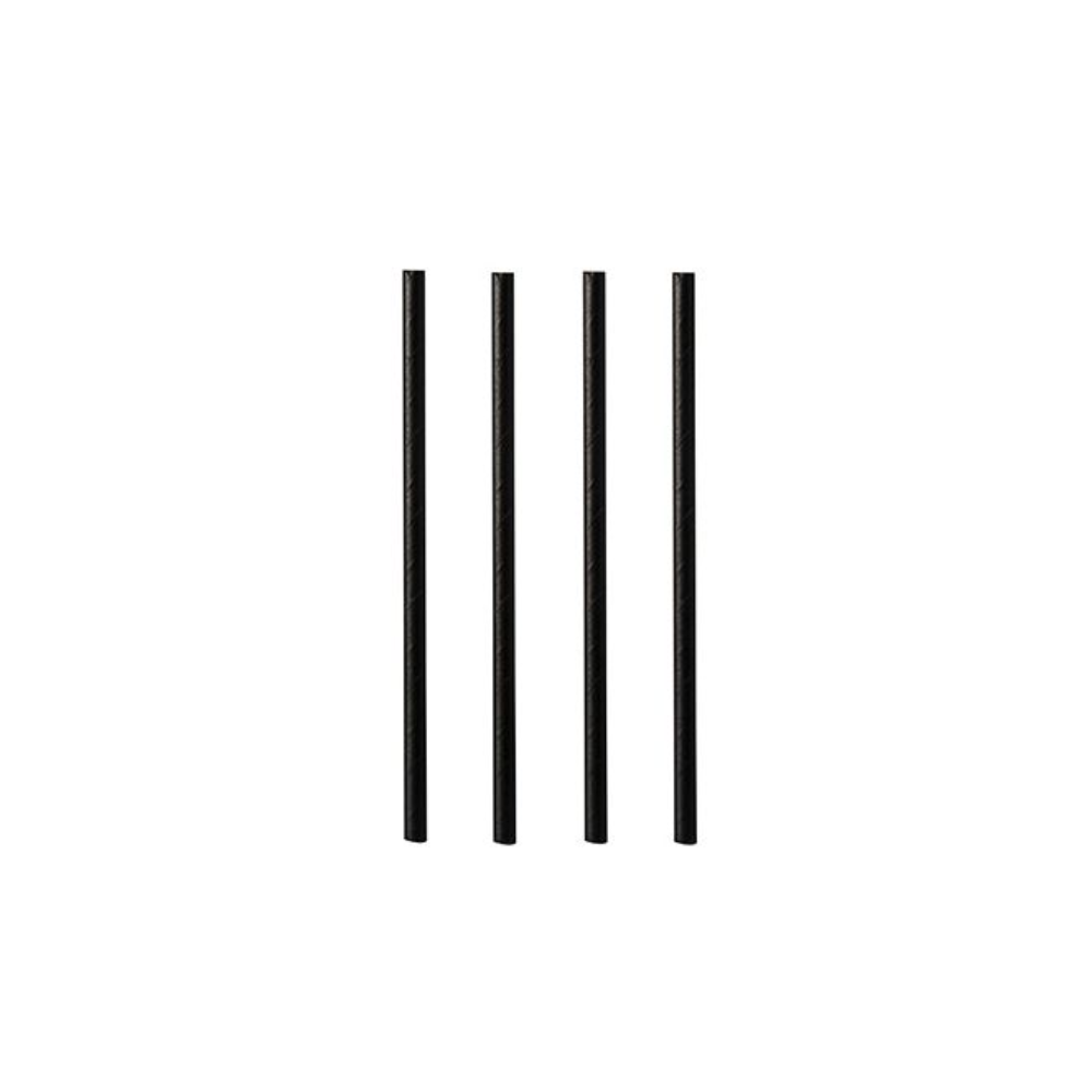 Le cannucce da cocktail di carta nere della PAPSTAR GmbH con diametro di 7 mm e lunghezza di 15 cm sono disposte a intervalli regolari su uno sfondo bianco semplice e ricordano materiali certificati FSC®.