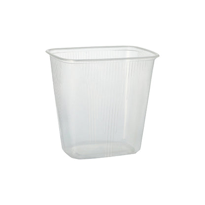 Il bicchiere per imballaggio Starpak 100, PP rettangolare trasparente, è un contenitore chiaro da 250 ml con bordi leggermente arrotondati e scanalature verticali - perfetto per la conservazione degli alimenti. Qui raffigurato su sfondo bianco.